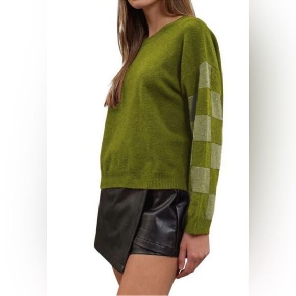 blu pepper XL Olive Moth Green Heather Knit Crew Checker Sleeve Boxy Sweater - Picture 3 of 15
